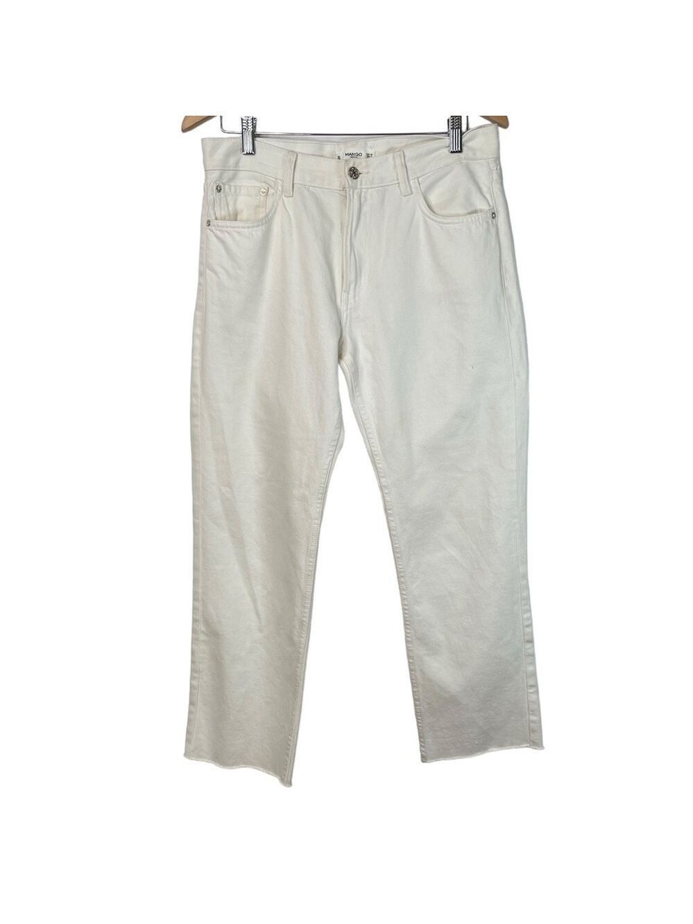 MANGO Denim White Jeans Size 6 Frayed Hem Relaxed Casual